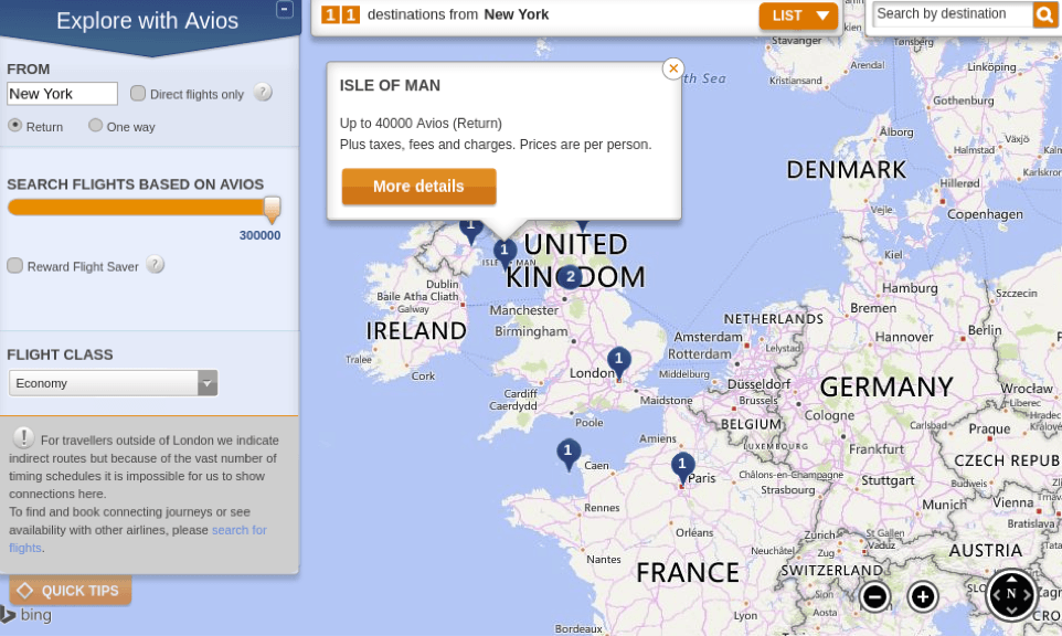 British Airways Award Travel Chart