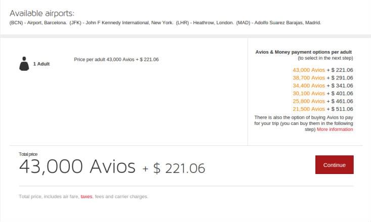 Iberia Avios Redemption Chart