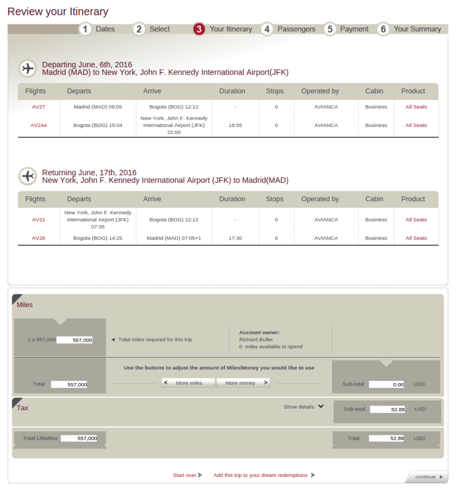 Avianca Lifemiles Award Chart