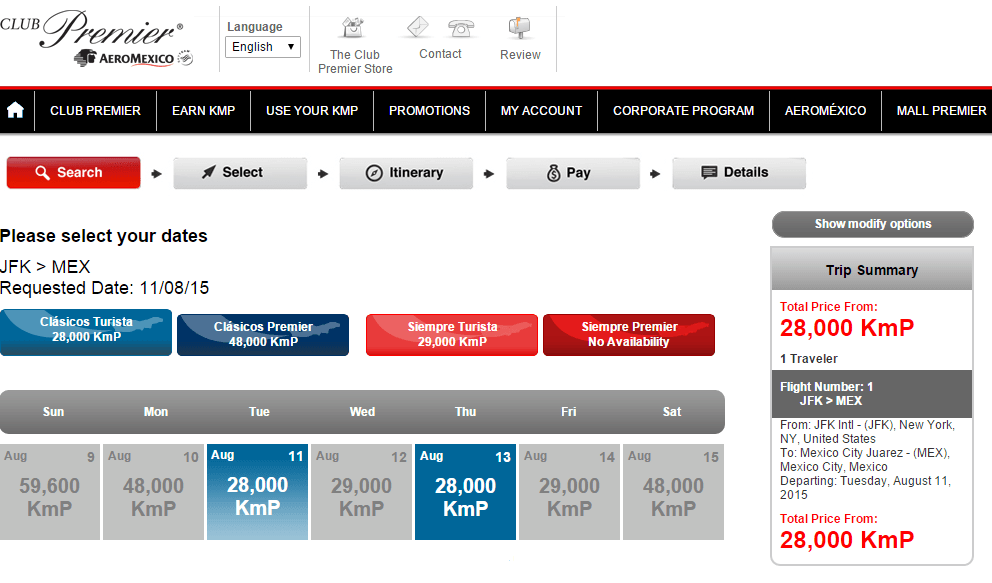 Aeromexico Award Chart