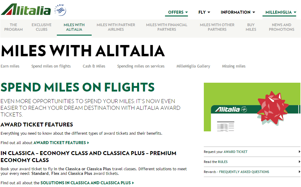 Alitalia Millemiglia Award Chart