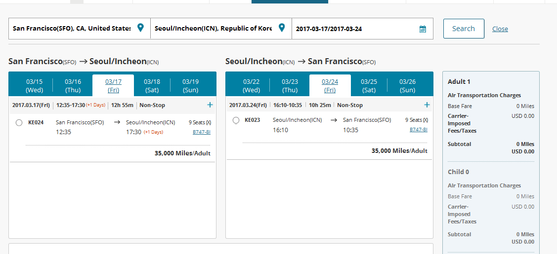 Korean Air Skypass Mileage Chart