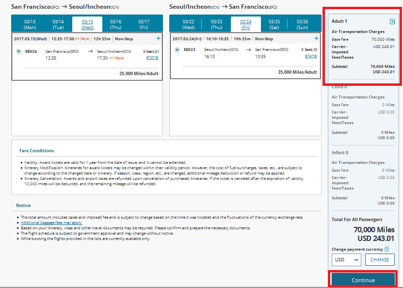 Korean Air Mileage Award Chart