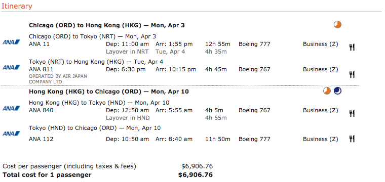 ANA business class ticket van Chicago naar Hong Kong