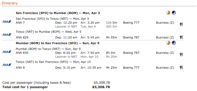 ANA business class-billetpris fra San Francisco til Mumbai