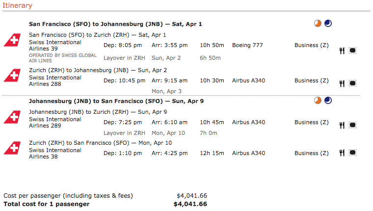 Billetpris på business class fra San Francisco til Sydafrika