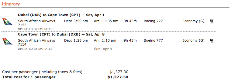Boek een award in economy class van Dubai naar Kaapstad voor 30.000 mijlen