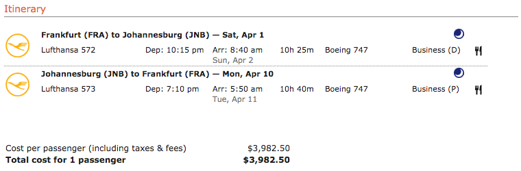 Lufthansa Business Class från Frankfurt till Johannesburg kostar endast 68 000 miles