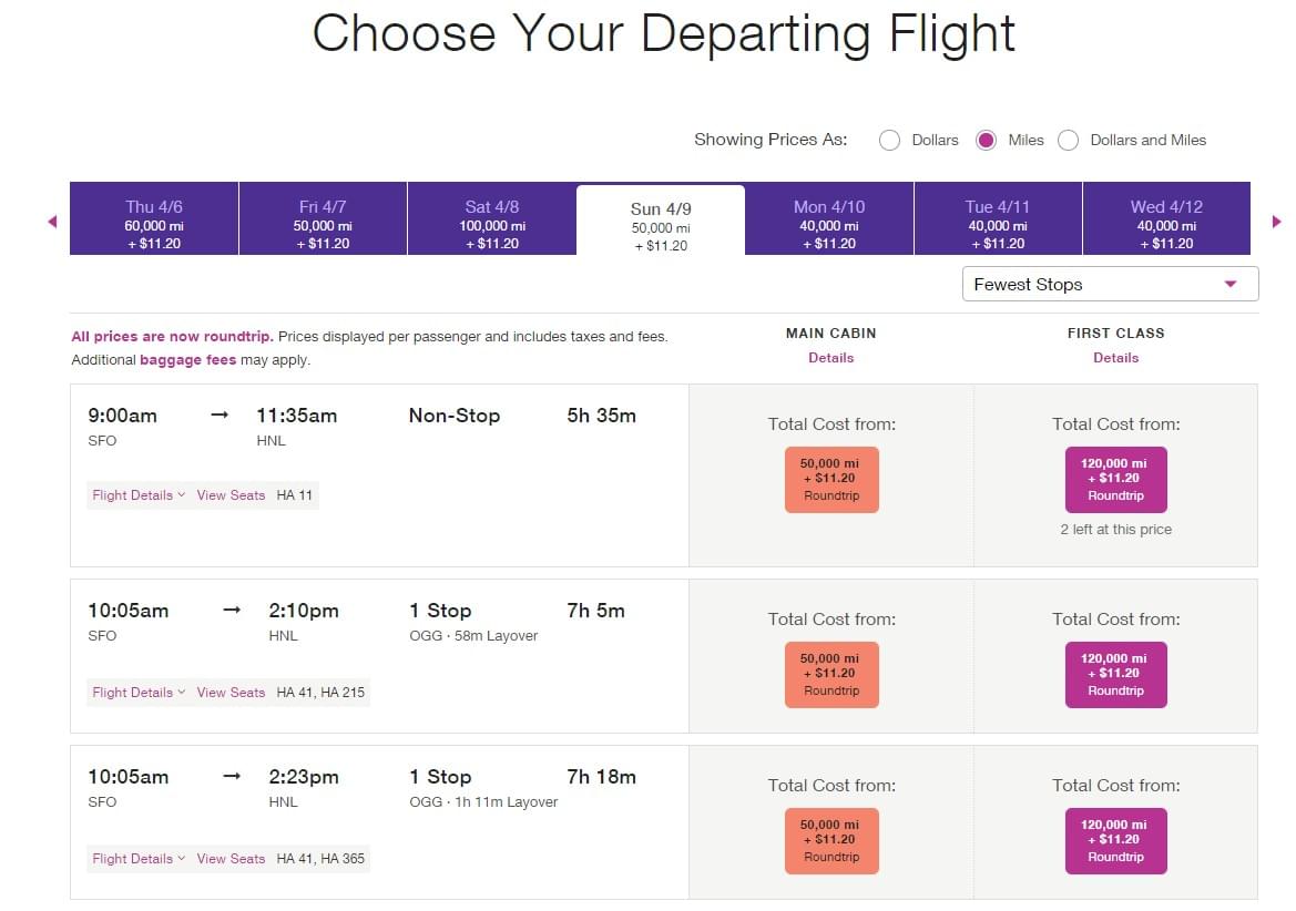 Hawaiian Airlines Mileage Award Chart