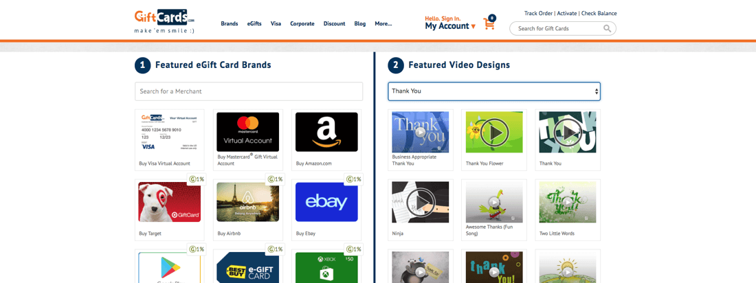 Screenshot from giftcard.com shows differnt gift cards