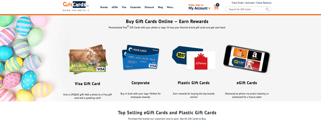 Shows screenshot of giftCards home page