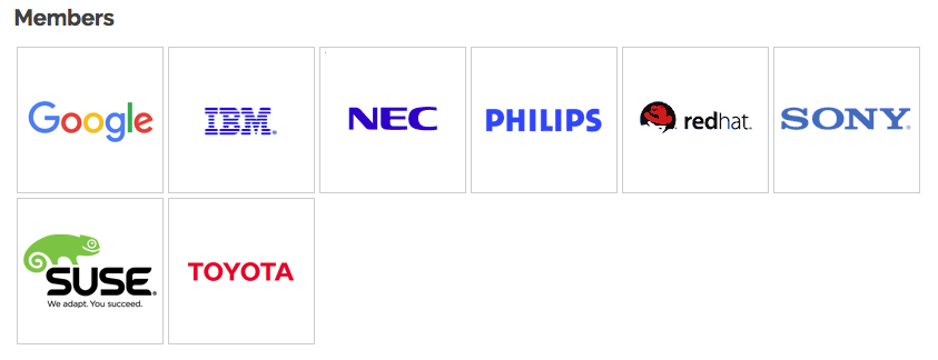 Shows logos of IBM, PHilips, NEC, Google, RedHat, Sony Suse and Toyota