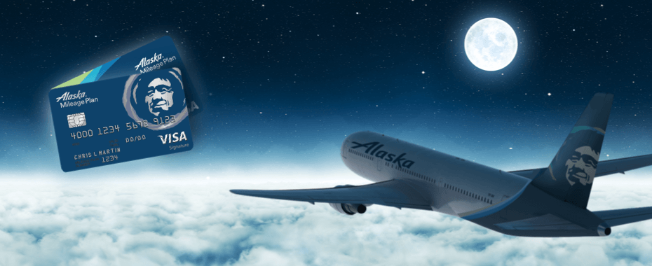 Shows Alaska Plane flying in the night with Alaska Credit Cards