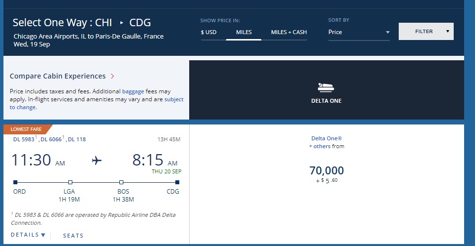 Delta One 70,000 mile award ticket