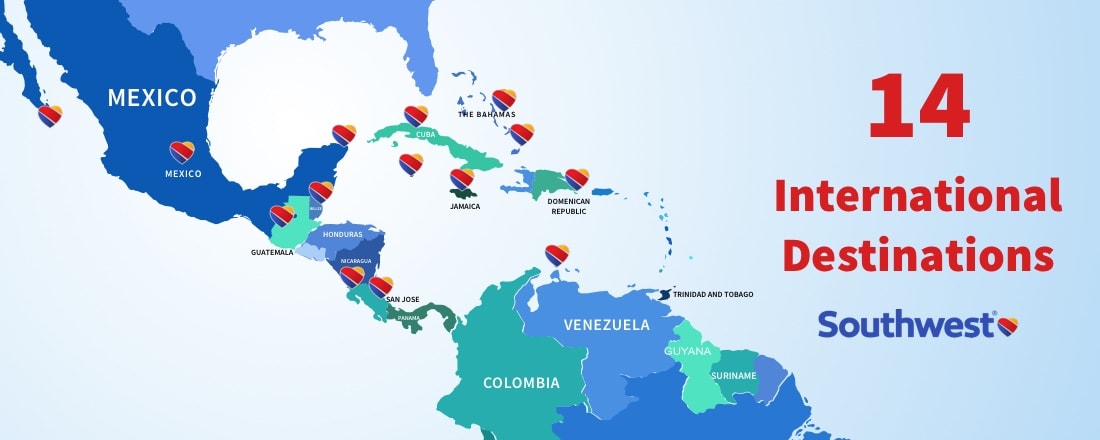 Map with Southwest international destinations