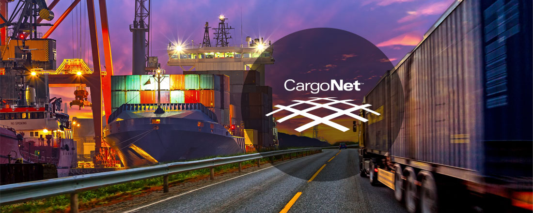 there is cargo ship on the picture and a logo of the company