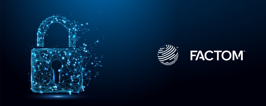 Lock on the left with Factom logo on the right