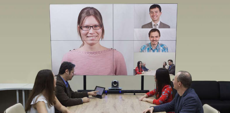 Shows people videoconferencing 