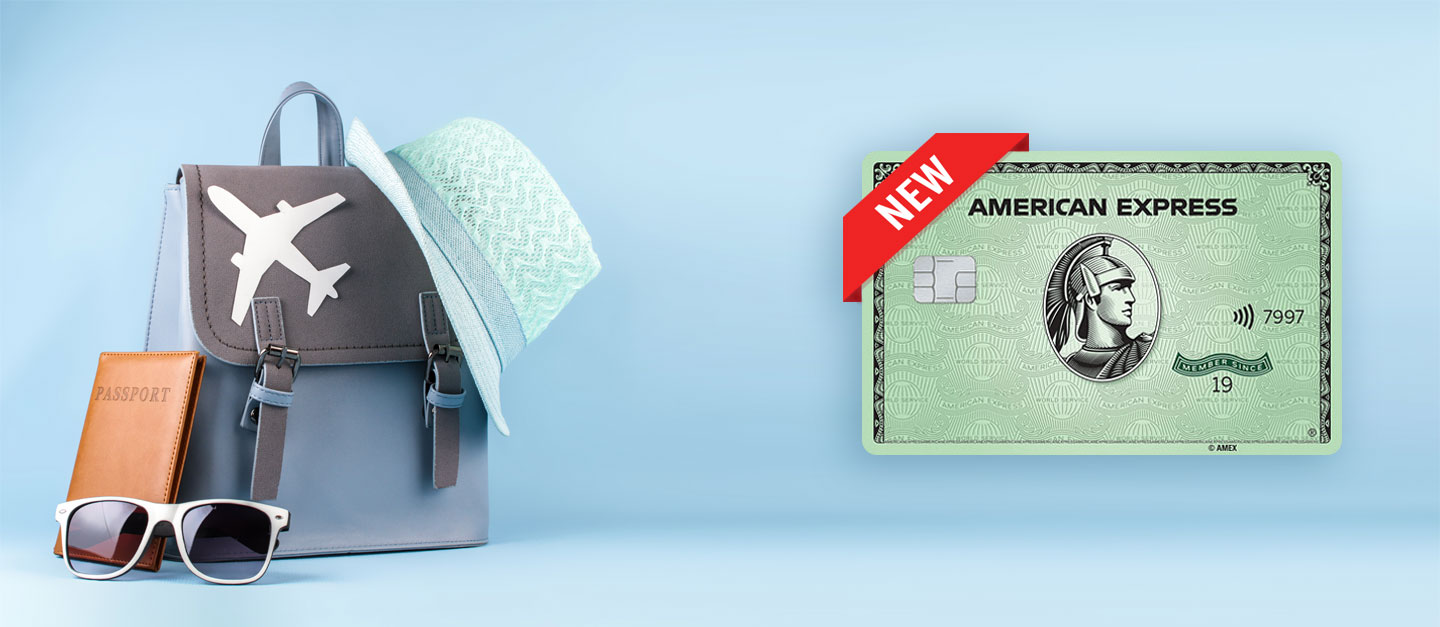 shows the amex green card and travel accessories