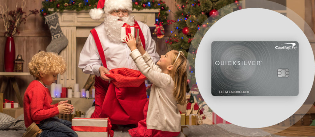 shows quicksilver credit card with Santa and Christmas tree on the background