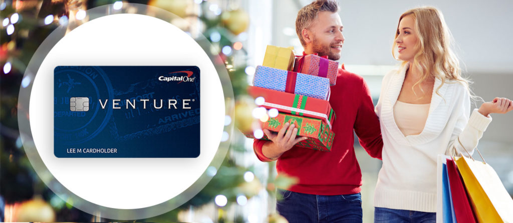 showing venture credit card with couple holding shopping bags