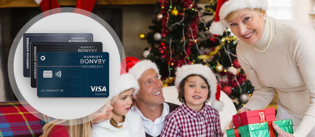 showing Marriott Bonvoy card with family holding presents next to the Christmas tree